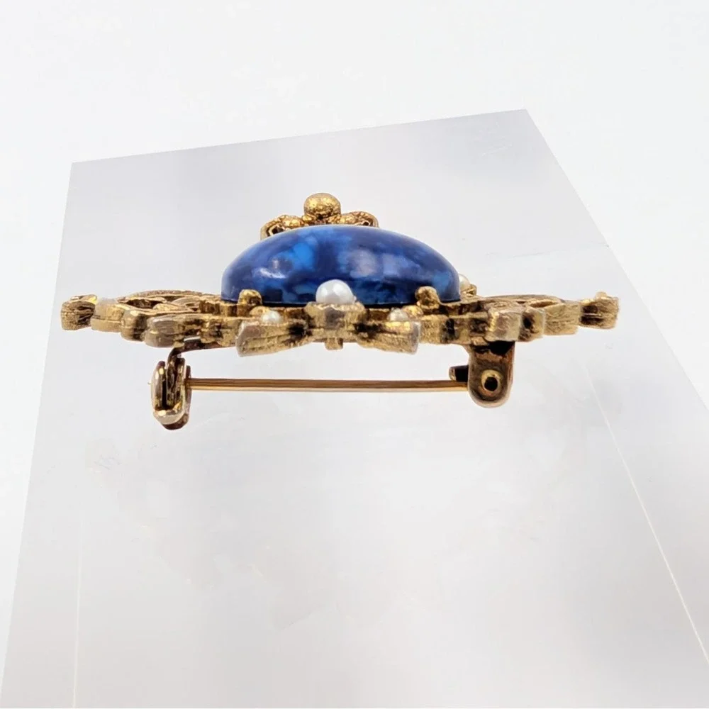 Vintage Blue Cabochon Brooch‎ Gold Tone Dangle Ornate Victorian Revival